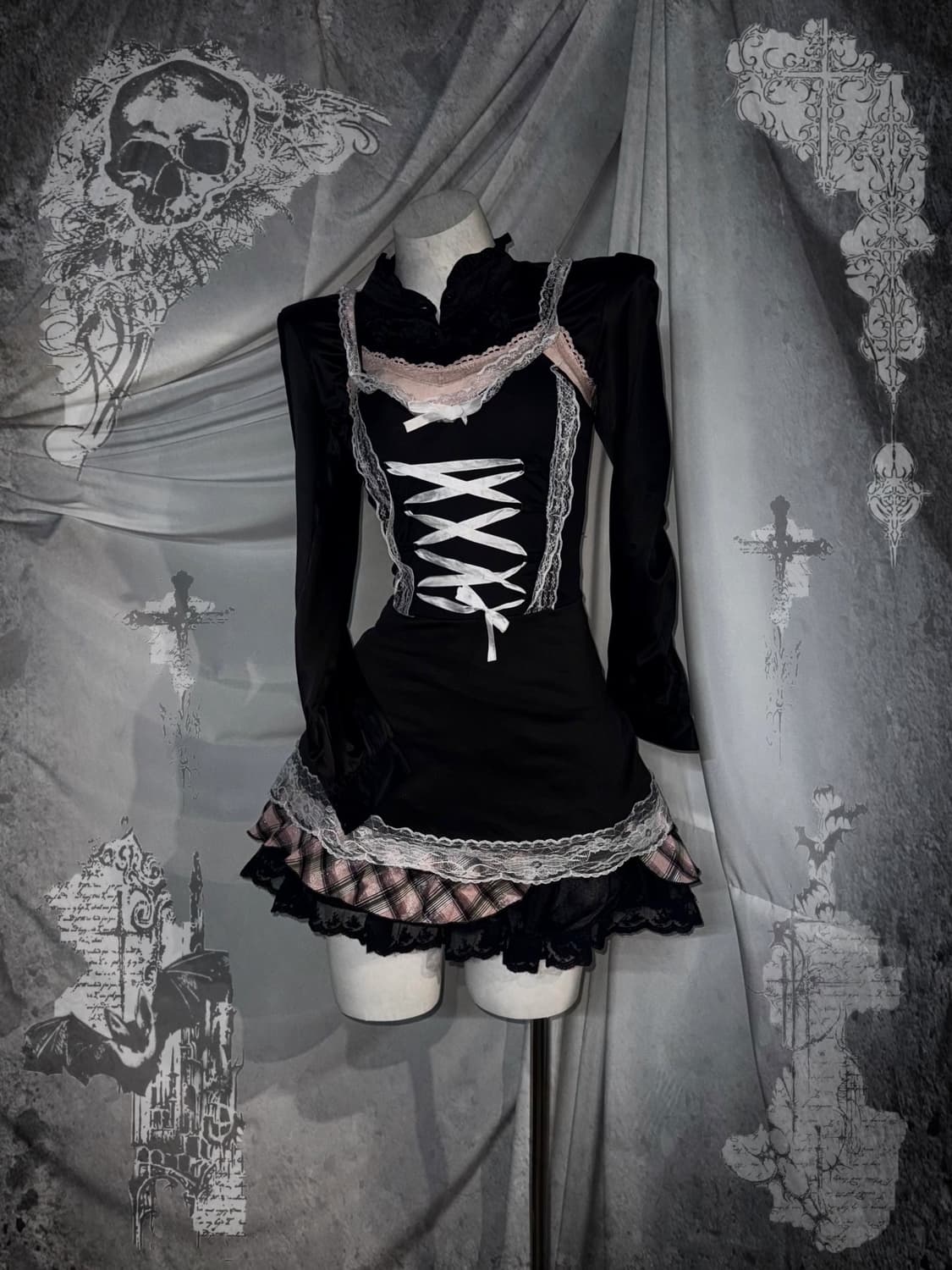 핑크 글리터체크 무채색 히메 코디세트 상품이미지1