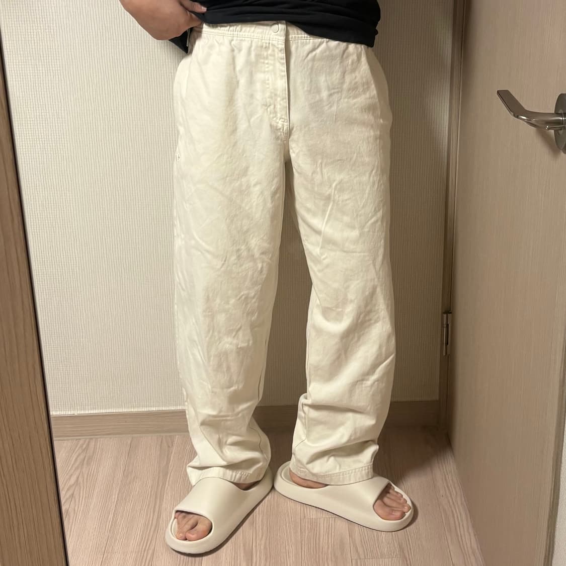 정품 아디다스 트레포일 와이드 치노팬츠 아이보리 밴딩 면바지 상품이미지1