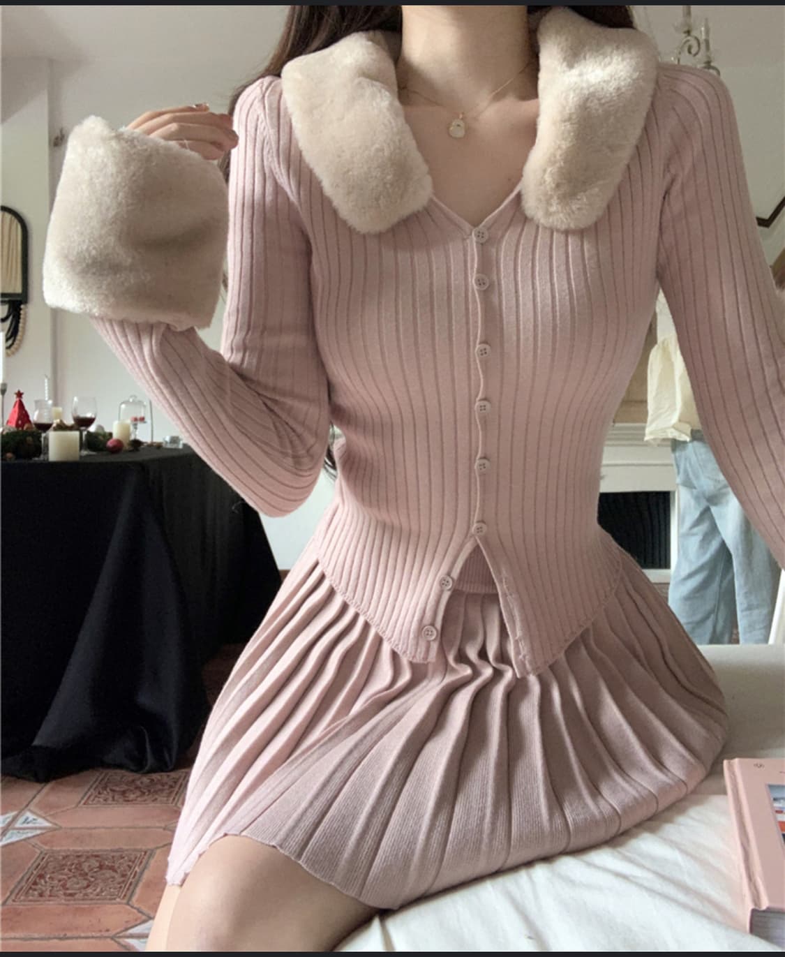 히메갸루 딸기우유 퍼 니트 스커트 세트 상품이미지3