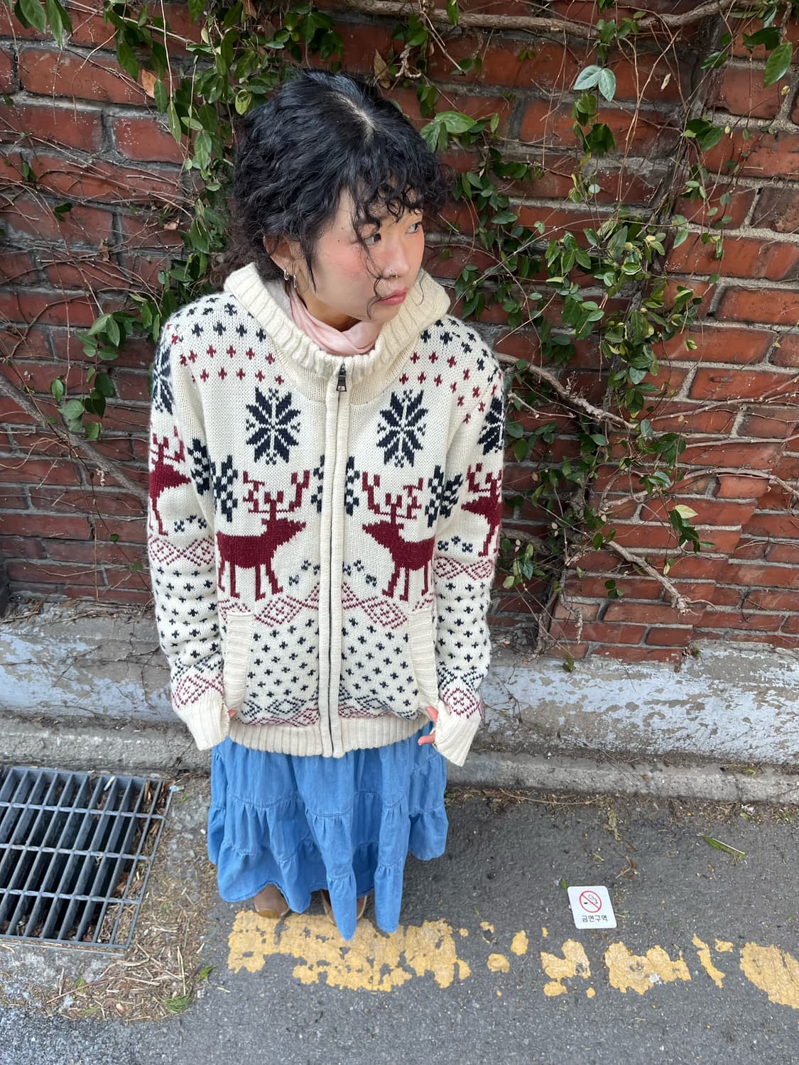 노르딕 패턴 양털 니트 후드 집업 아우터 상품이미지1