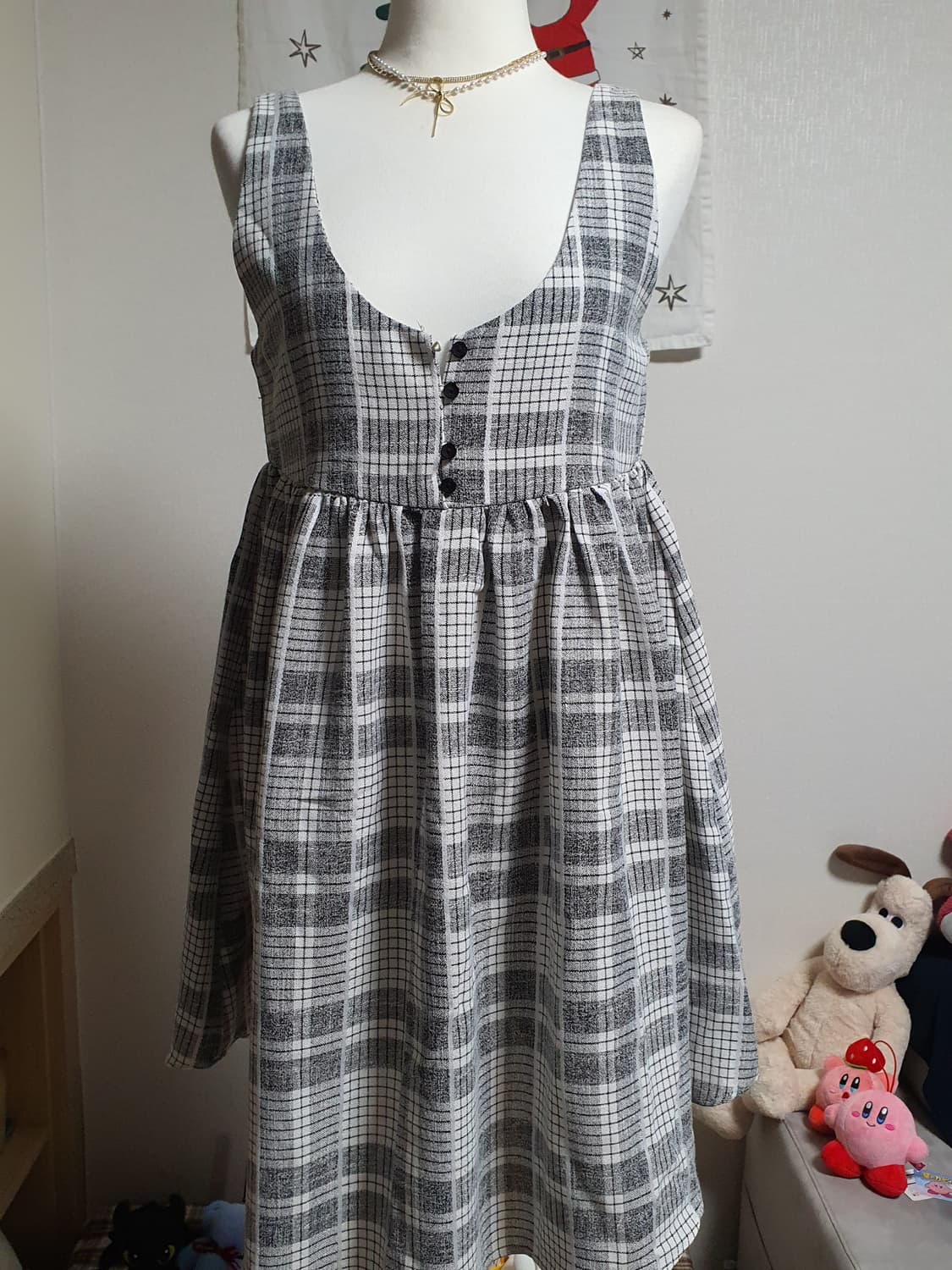 [빈티지] 원더플레이스 체크 레이어드 원피스 블랙 버튼 민소매 상품이미지1