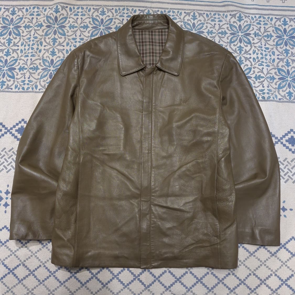 WINDY CLUB 카키 아메카지 심플 카라넥 양가죽 램스킨 가죽자켓 L 상품이미지3