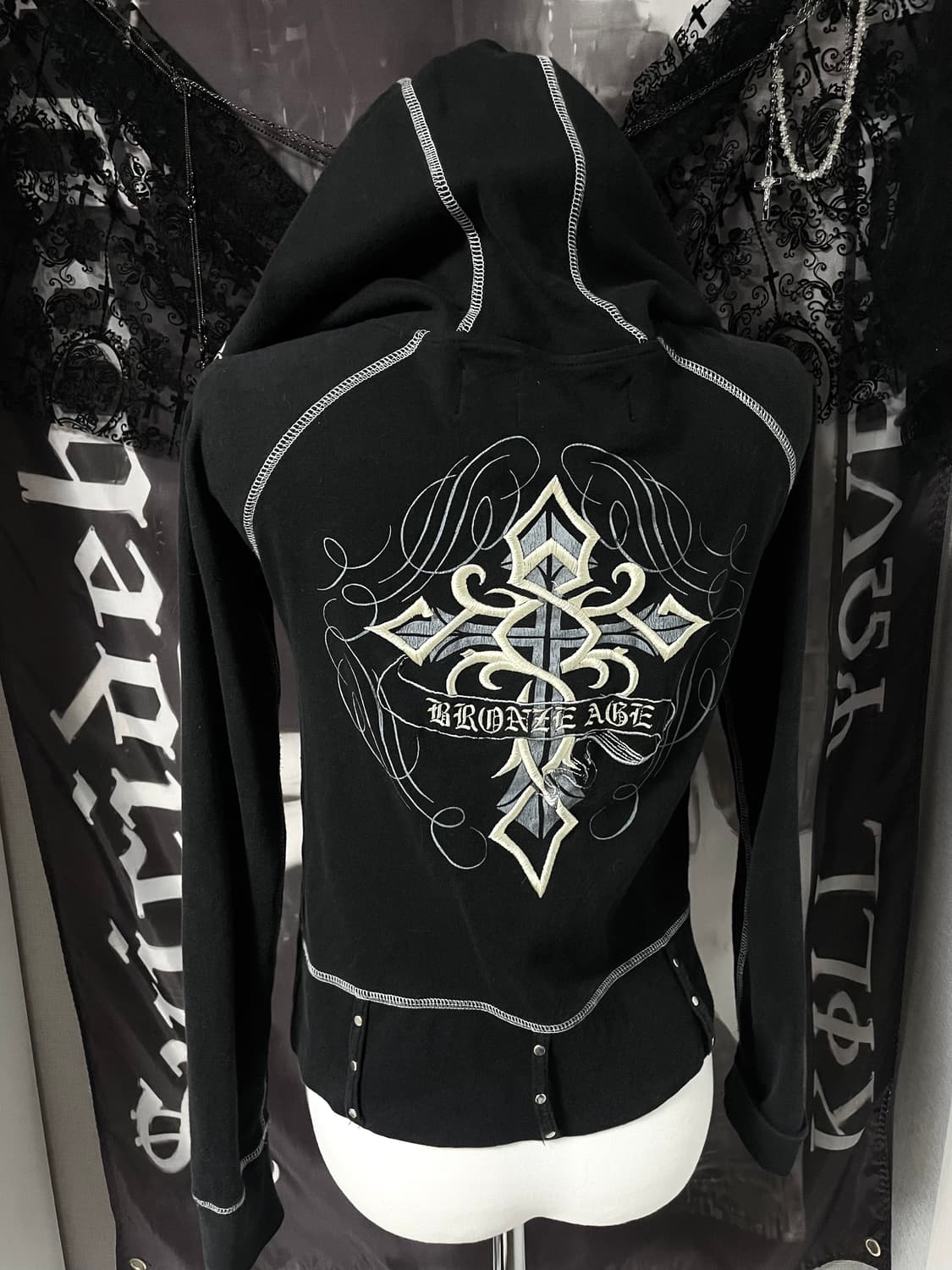 00s Vkei Cross hoodie 스터드십자가슬림후드집업핀터크롬깔 상품이미지1