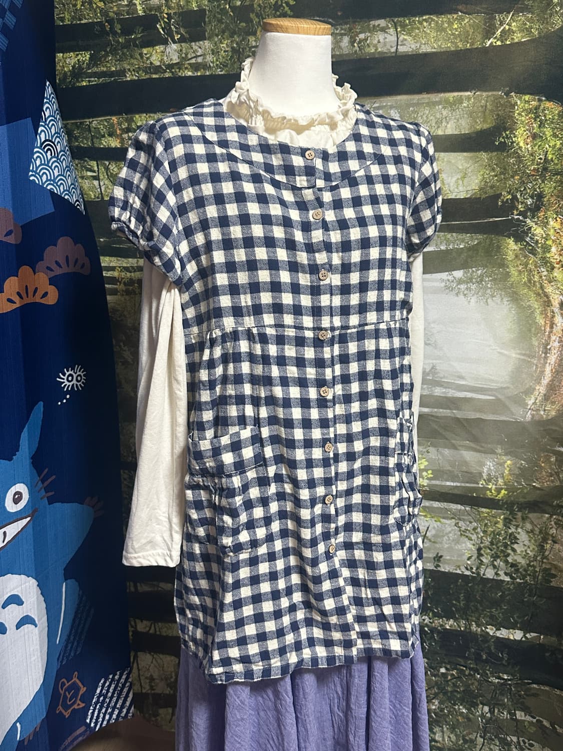 빈티지 네이비 바선생 퍼프 소매 우드 단추 튜닉 원피스 상품이미지3