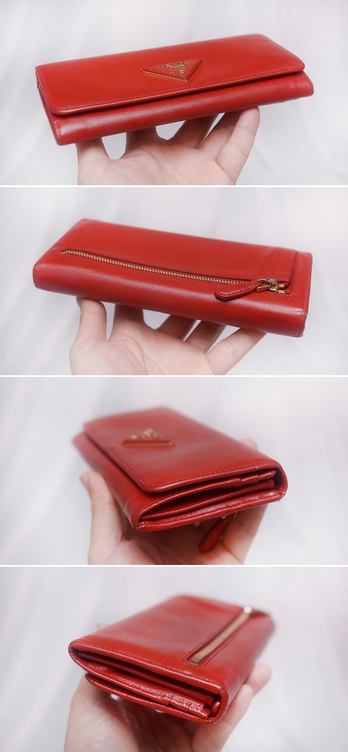 프라다 삼각로고 금장 레드 사피아노 플랩 장지갑 상품이미지4