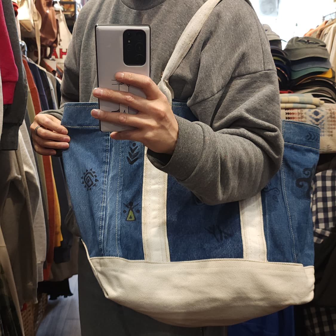 핸드 드로잉 빅토트 캔버스 데님 토트백 빈티지 더플백 리메이크 아프리카 상품이미지10