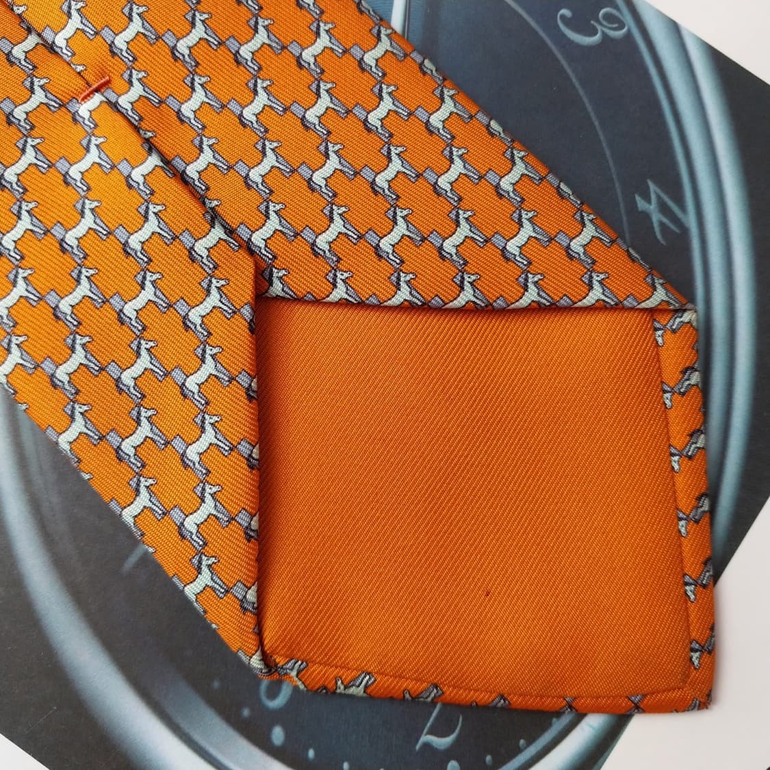 에르메스 실크 오렌지 H 마구간 모티브 넥타이 8cm A+등급 K2118 상품이미지6