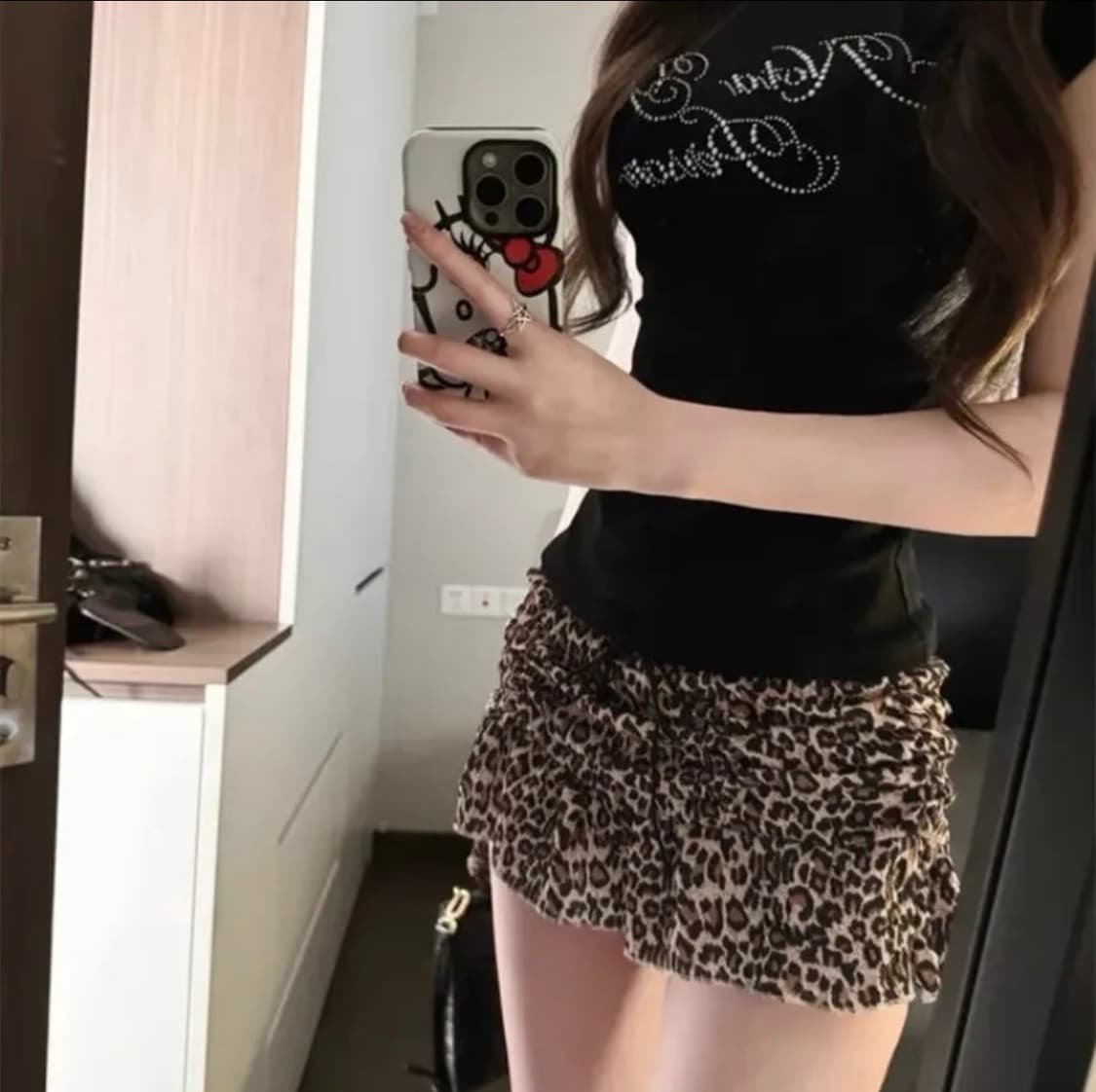 레오파드 셔링 스커트+ 큐빅 블랙 반팔 세트🖤 상품이미지1