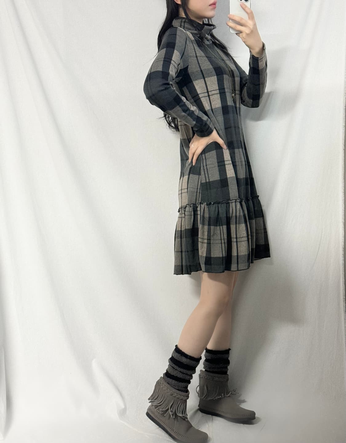 셔링 넥 체크 패턴 레이어드 니트 원피스 2pcs SET 상품이미지6