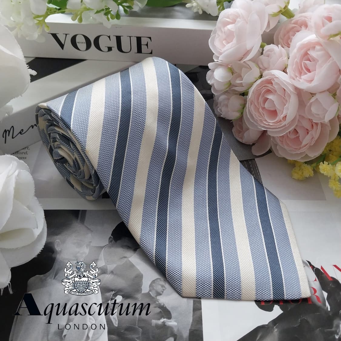 아쿠아스큐텀 실크 블루 스트라이프 넥타이 9.3cm A+등급 K2033 상품이미지2