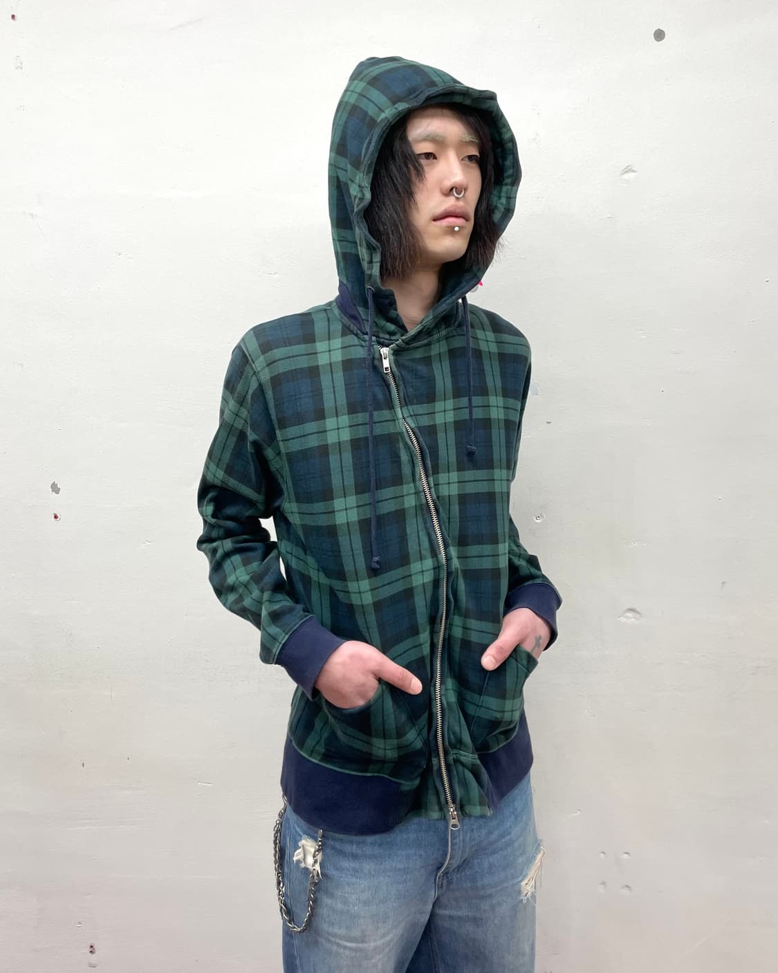Beams Asymmetric Zipper Check Hooded 상품이미지4