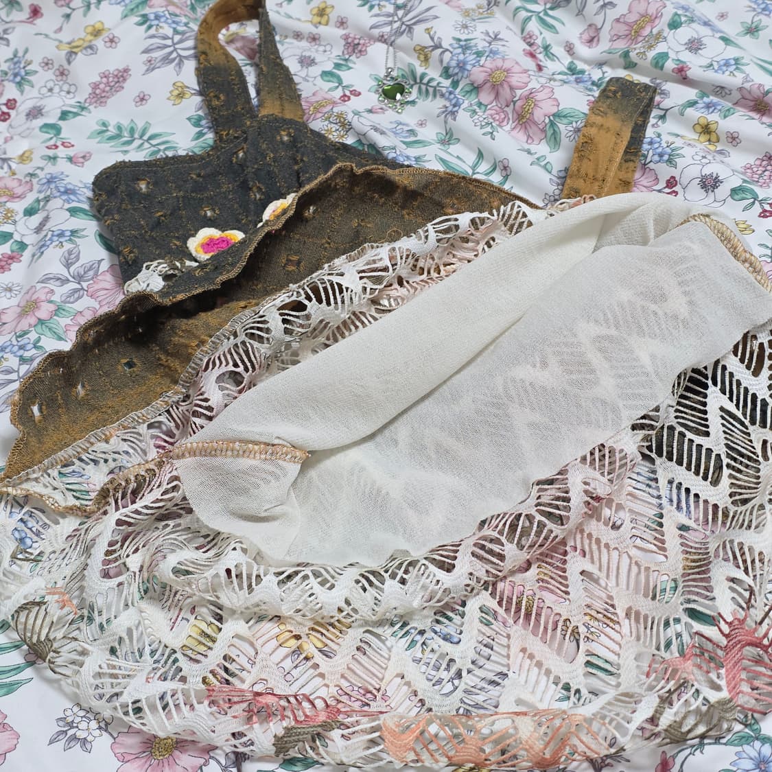 일본빈티지)패치워크st 하구미모리걸 플로럴 보헤미안 레이스 언발슬리브리스 상품이미지5