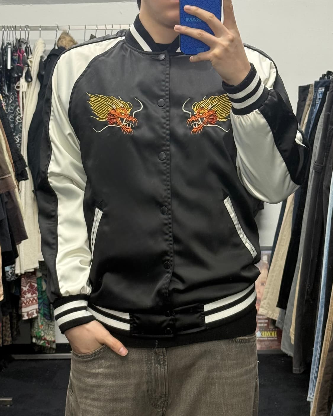 HUF 허프 용 드래곤 자수 스카쟌 스카쟌 야구 점퍼 블랙 화이트 일본 상품이미지2