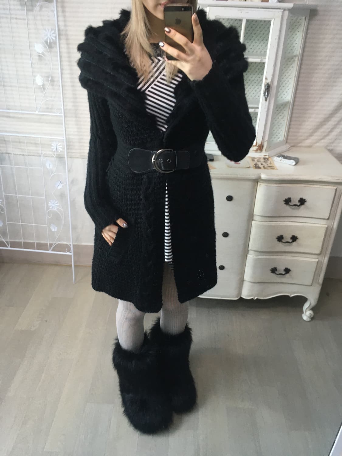 일본빈티지 블랙 퍼 카라 벨티드 가디건 상품이미지2