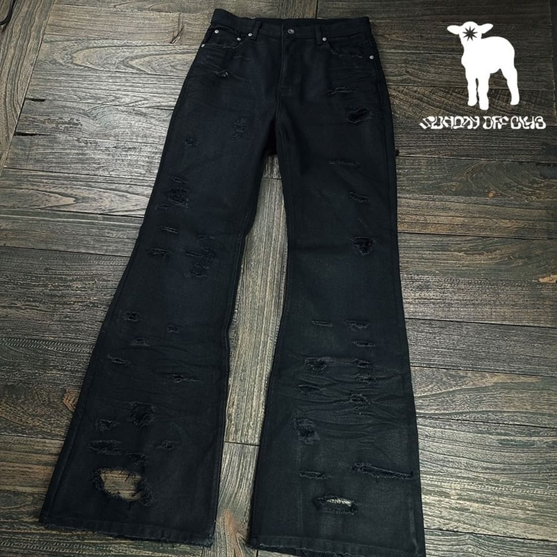 [선데이오프클럽]데미지 코팅 래비지 플레어 부츠컷 데님 블랙 M20293 상품이미지1