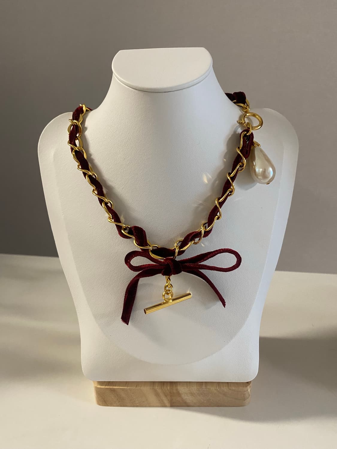 빈티지 버건디 벨벳 리본 진주 초커 상품이미지3