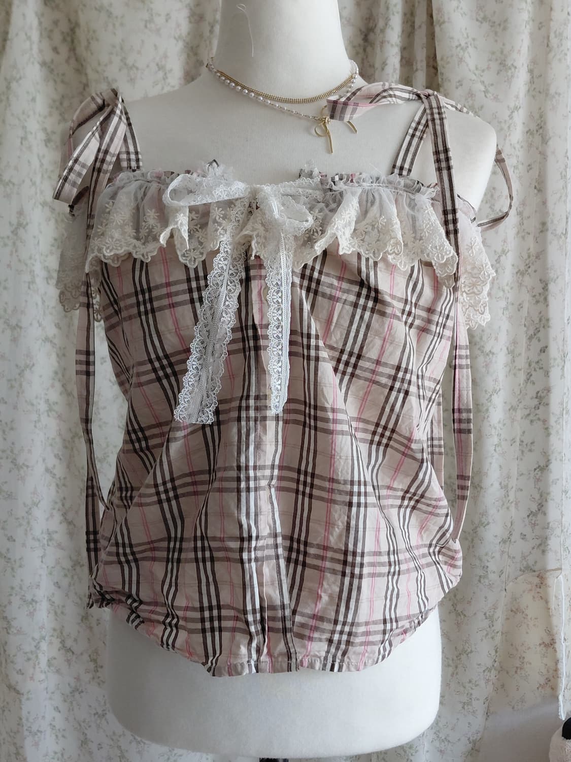 [리폼] 핑크 체크 레이스 블라우스 탑 상품이미지1