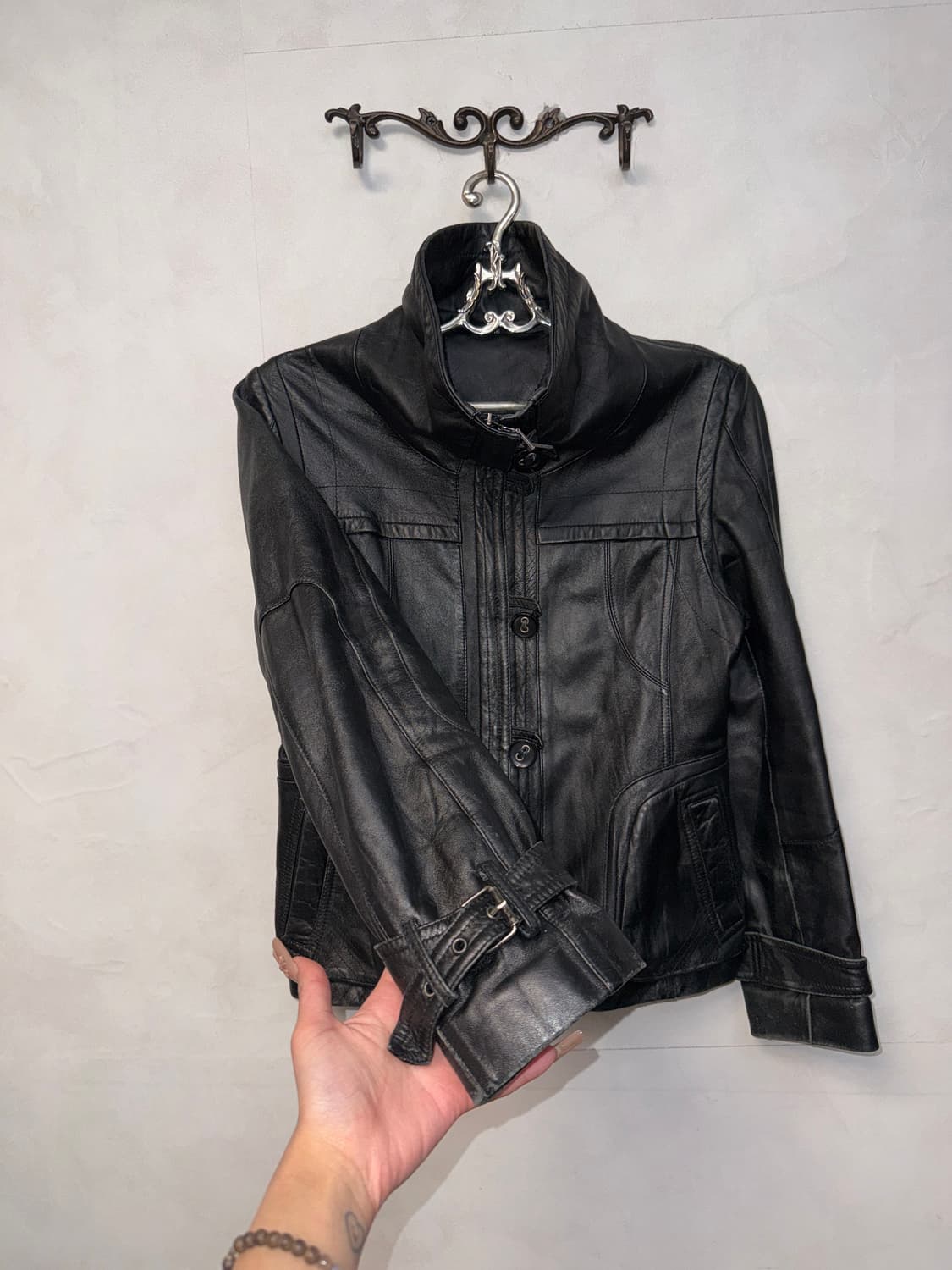 Black lamb skin high neck button jacket  상품이미지2