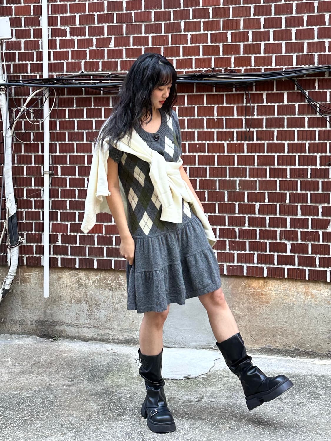 버버리 체크 원피스 화이트 가디건 코디세트 상품이미지5