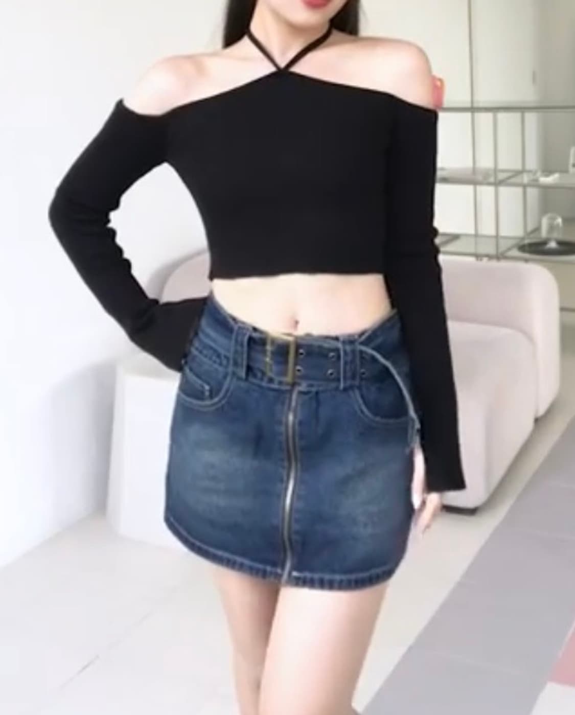 샵사이다 홀터넥 탑 + 데님 스커트 코디 세트 상품이미지2