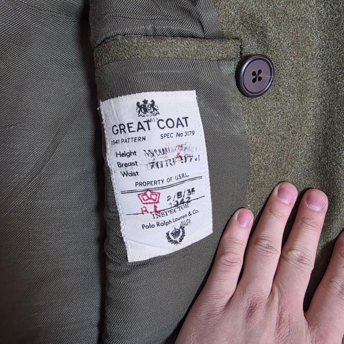 폴로 이태리메이드 그레이트 오피서코트 카키 42R 상품이미지7