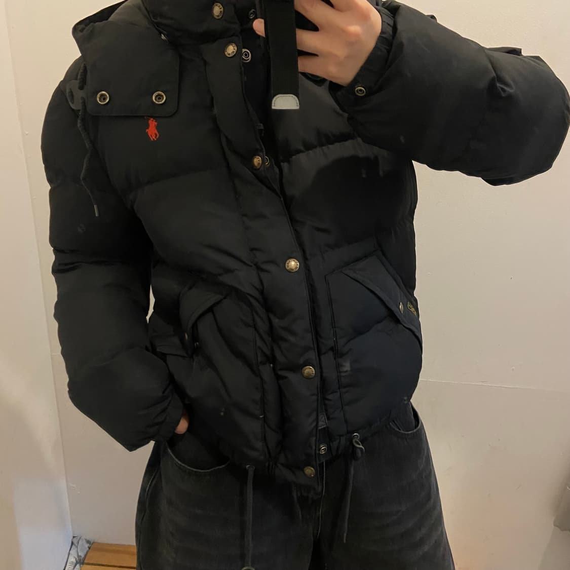 폴로랄프로렌 레드 포니 여성용 블랙 덕 다운 후드패딩 상품이미지2