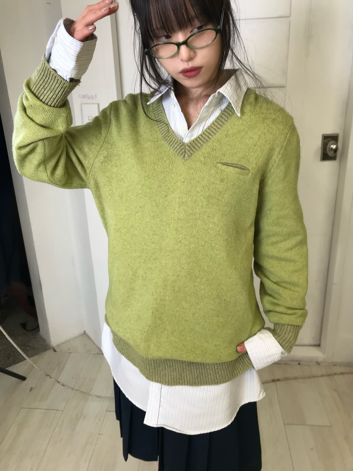 빈티지 올리브 v넥 니트 상품이미지6