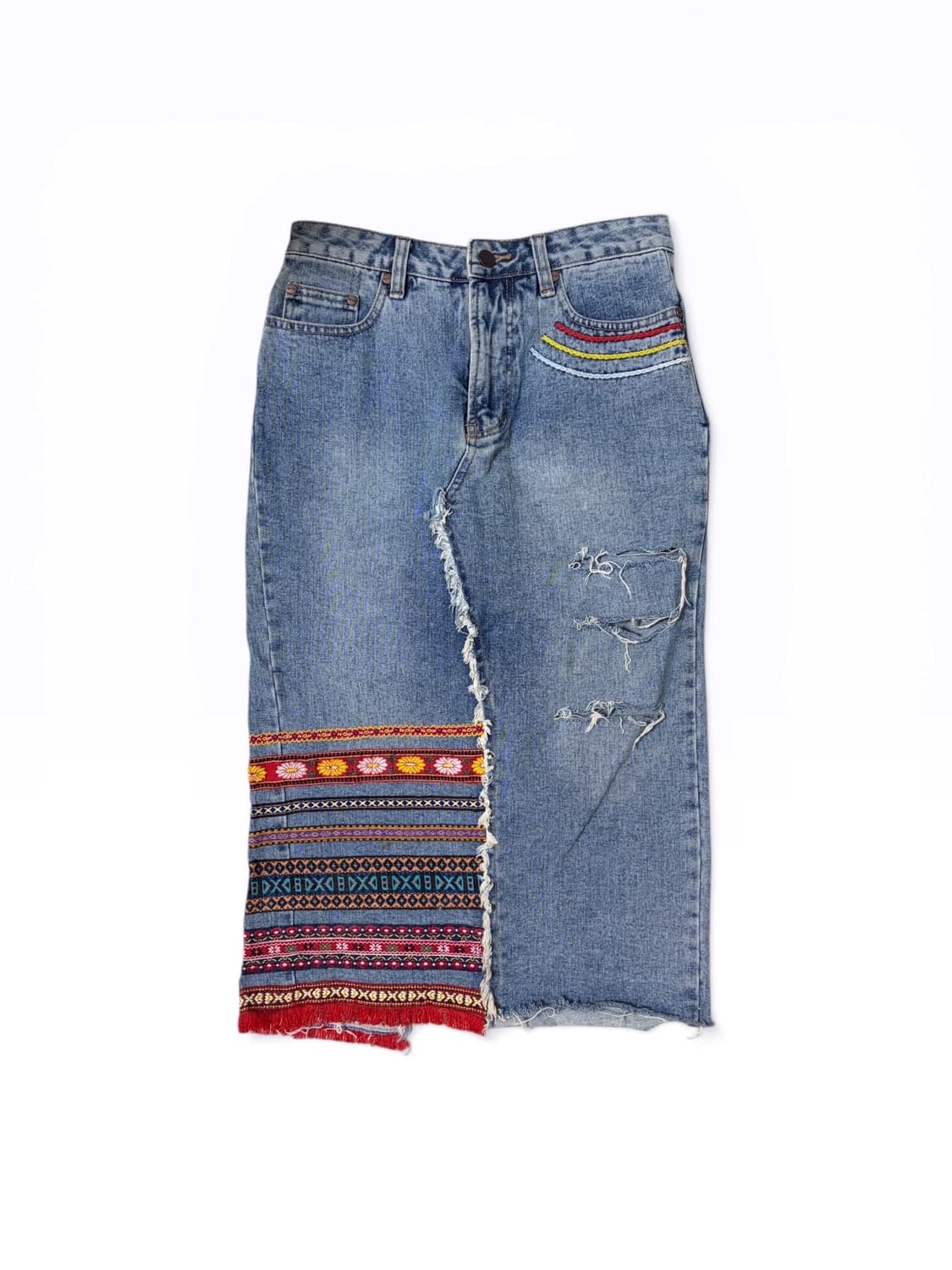 보헤미안 데미지 데님 미디스커트 상품이미지1