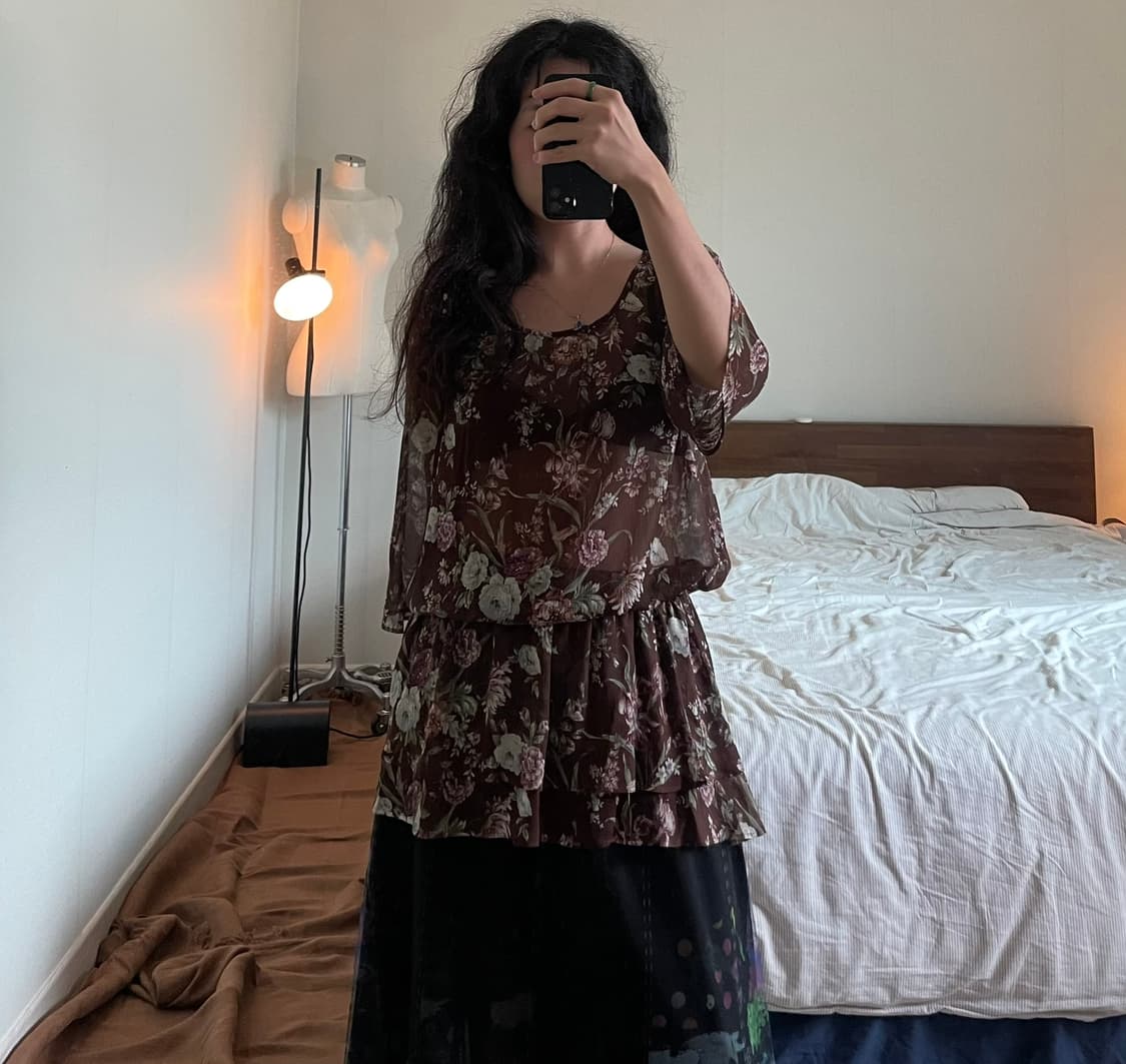 브라운 플라워 패턴 쉬폰 원피스 블라우스 상품이미지5