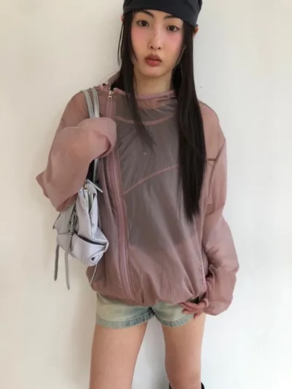 키이라 시스루 사선 바람막이 핑크 상품이미지1