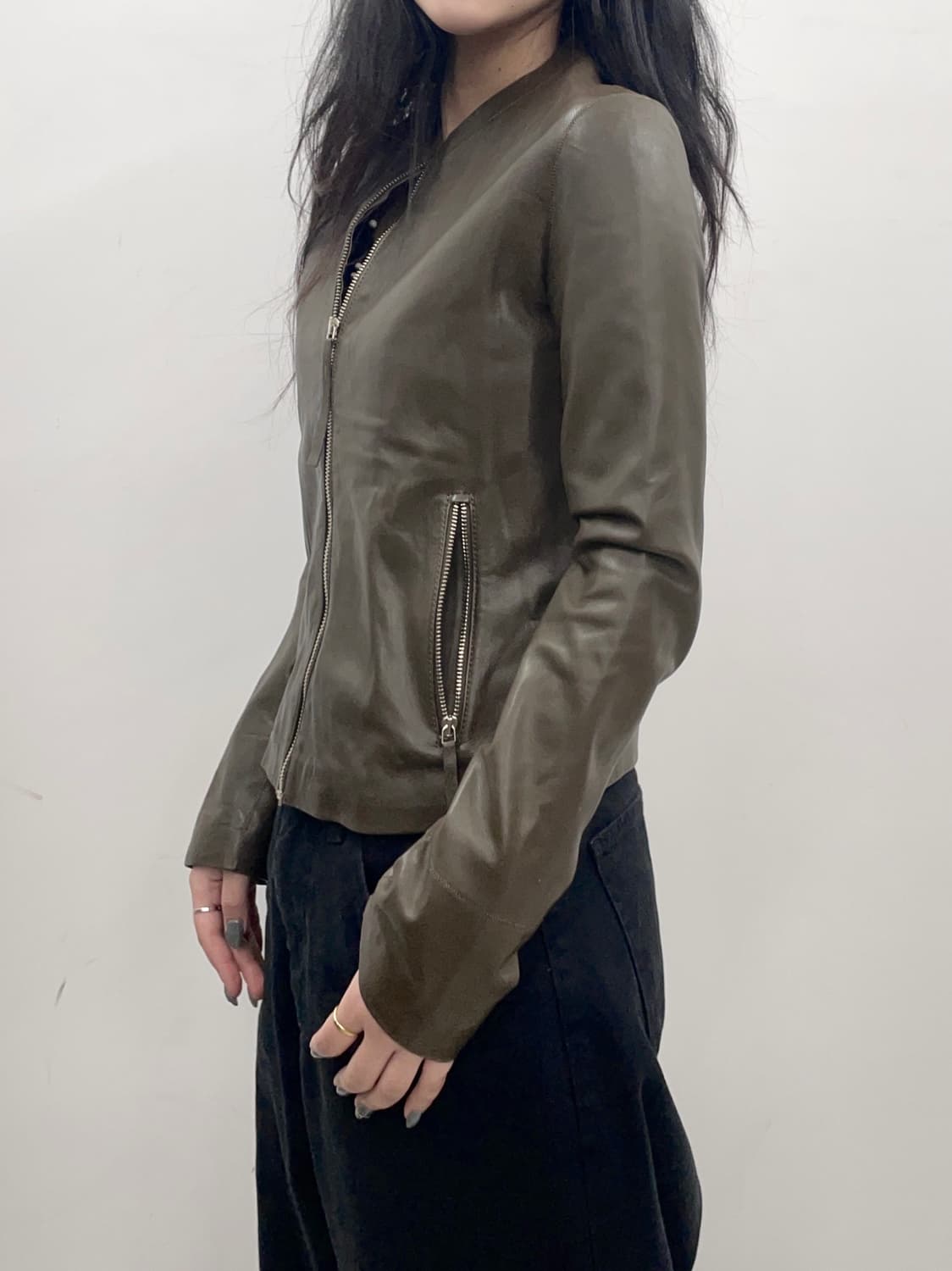 Khaki Slim Leather Jacket 상품이미지2