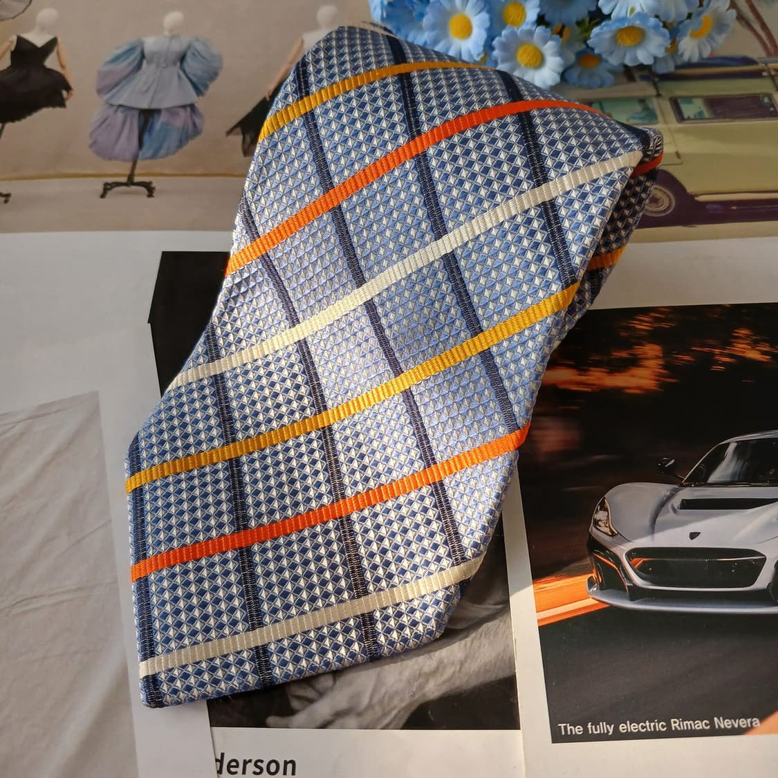 아쿠아스큐텀 실크 스카이블루 체크 넥타이 9.9cm A+등급 A19399 상품이미지4