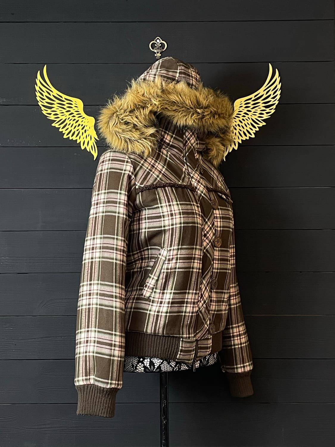 JPN 갸루 핑크 민트 딸기초코 체크 패턴 하이넥 퍼 자켓 상품이미지2