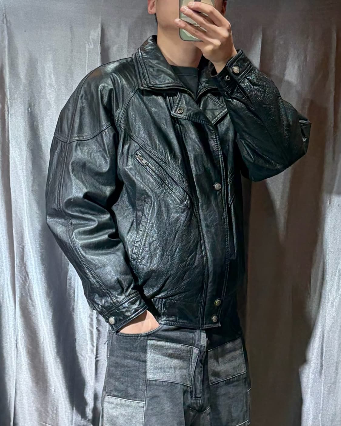 XL 레이어링 카라 사선 포켓 카우레더 자켓 상품이미지1