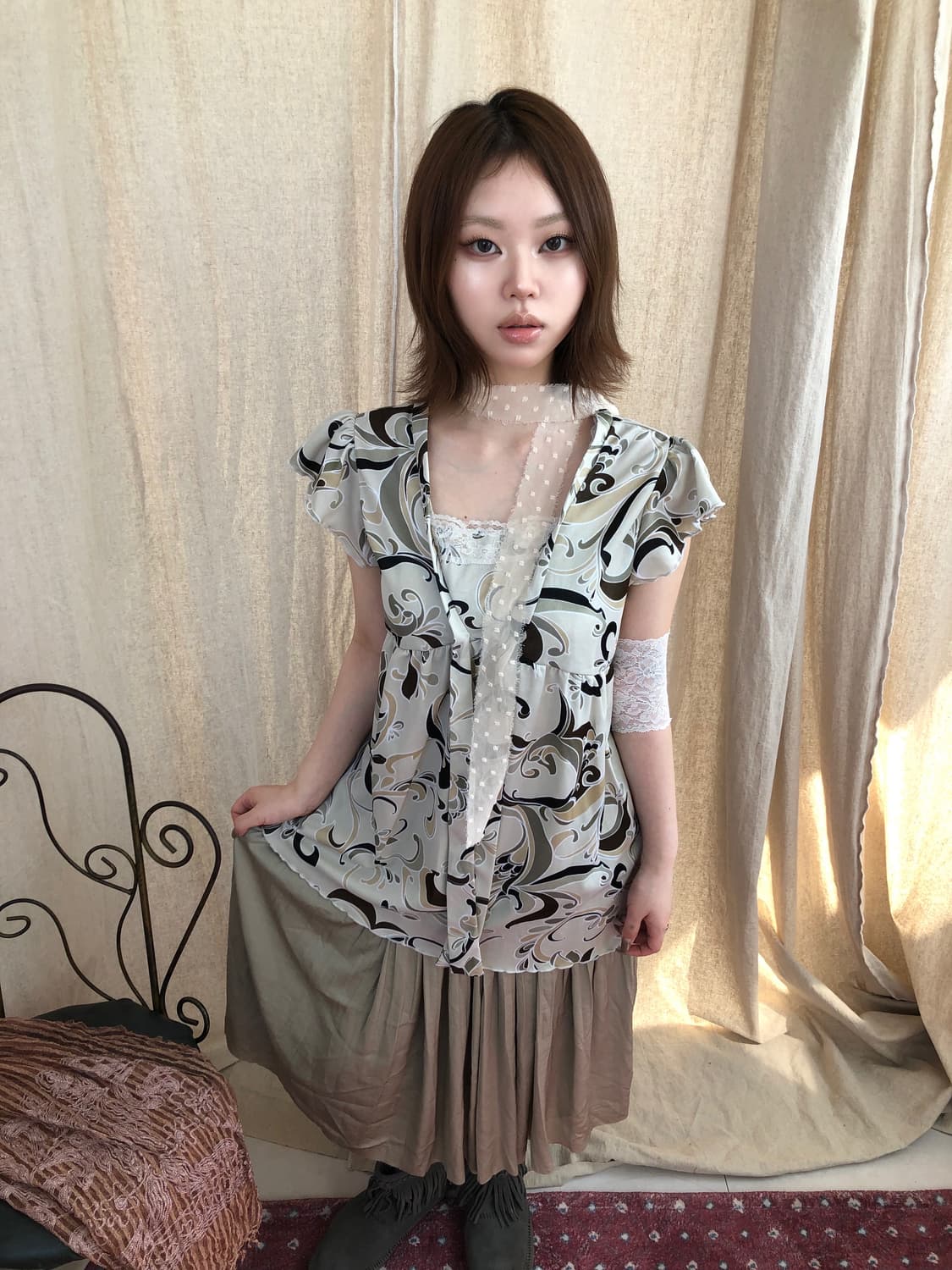 Set 페이즐리 프릴탑 & 그린티 미디 스커트 상품이미지2