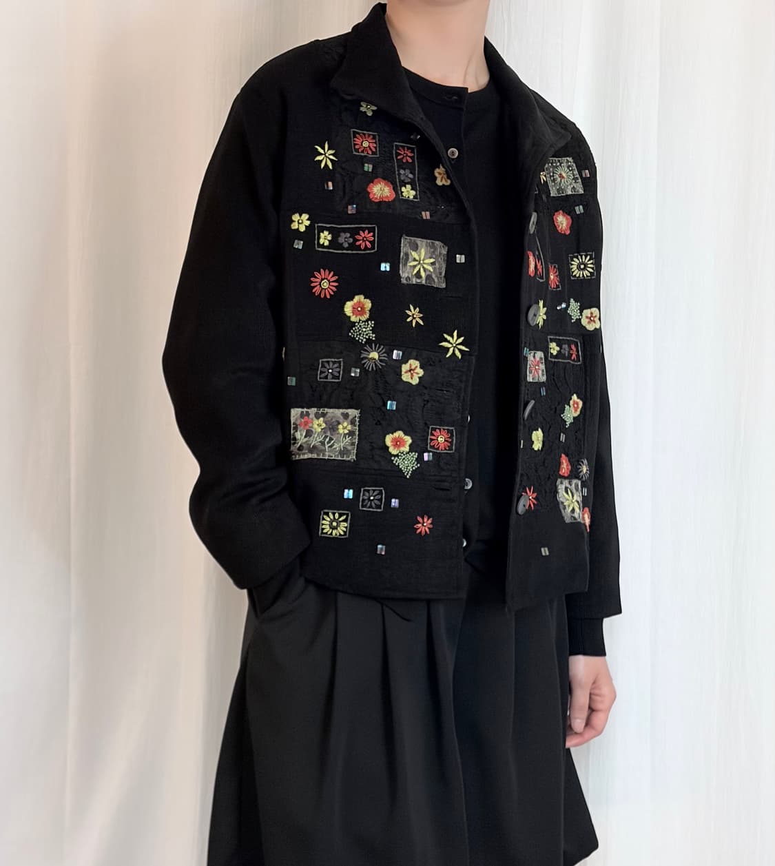 Floral Patchwork Knit Blouson - Black 상품이미지1