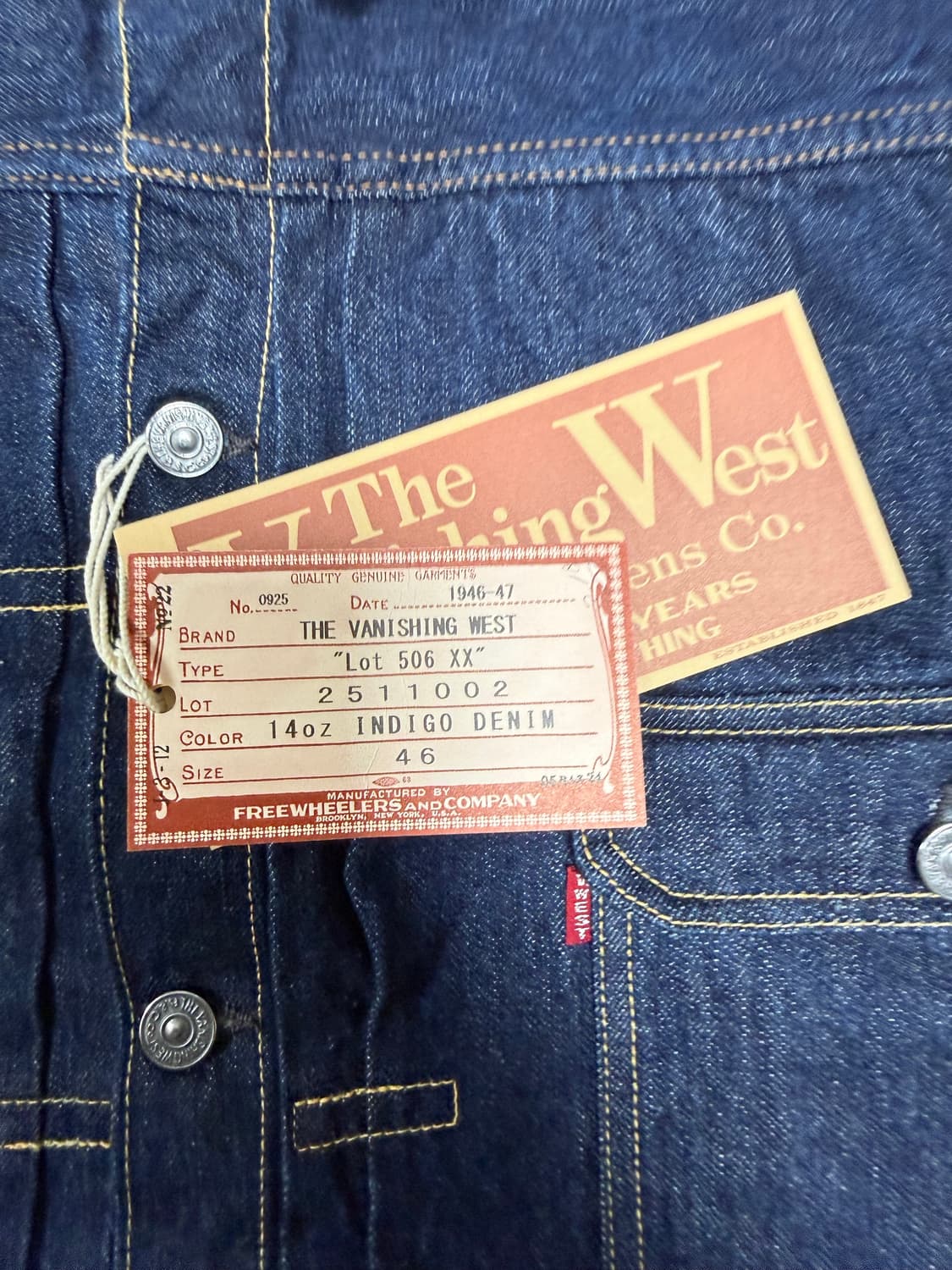 프리휠러스 506XX 1세대 데님자켓 46사이즈 판매 상품이미지3