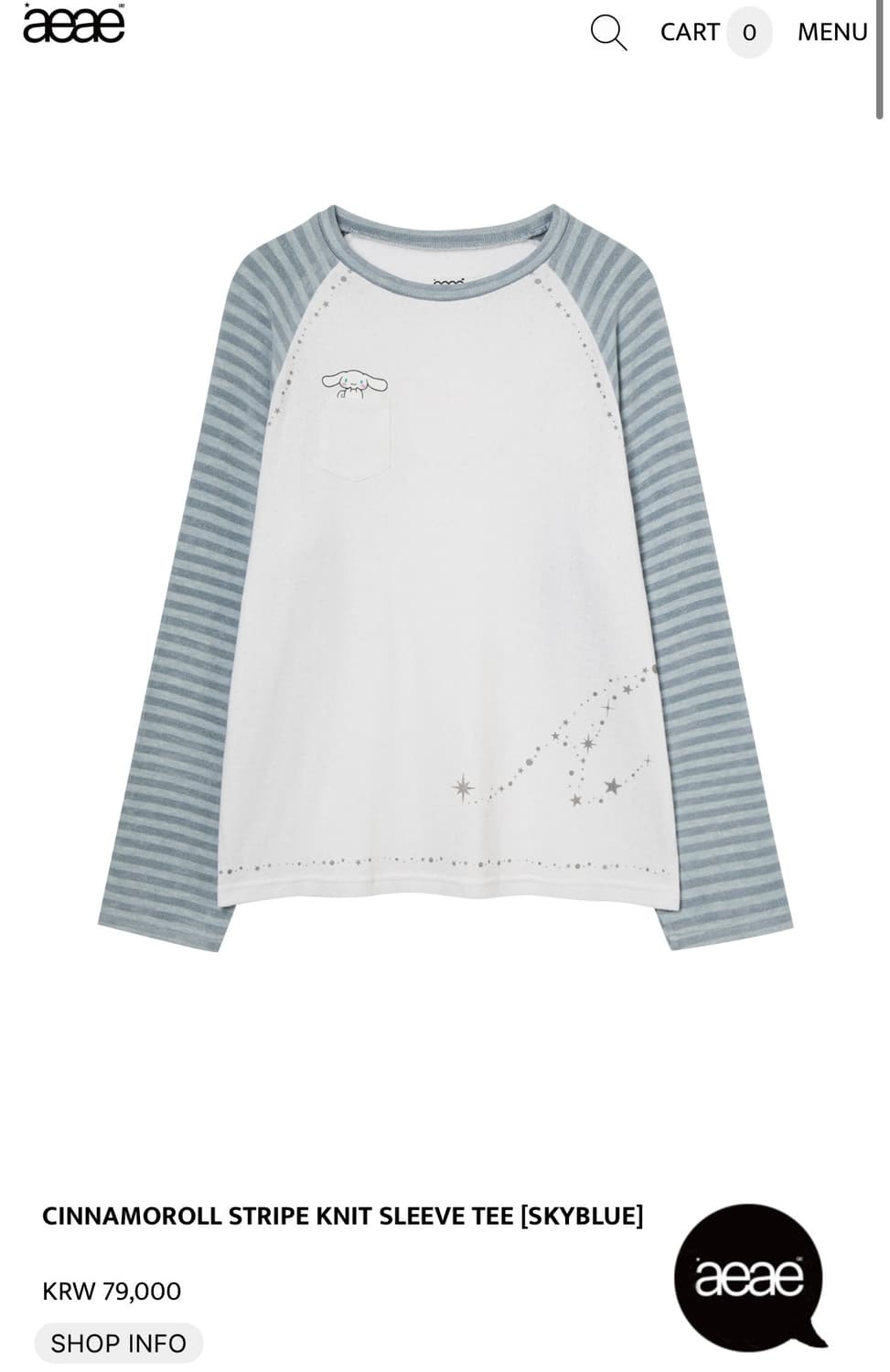 aeae x 시나모롤 콜라보 스트라이프 슬리브티셔츠 스카이블루 팝니다 상품이미지1
