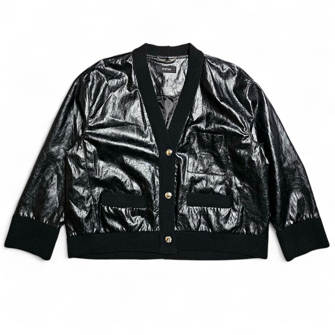 [88(66)][한섬 시스템SYSTEM] 페이크 레더 텍스트 블록 점퍼 상품이미지1