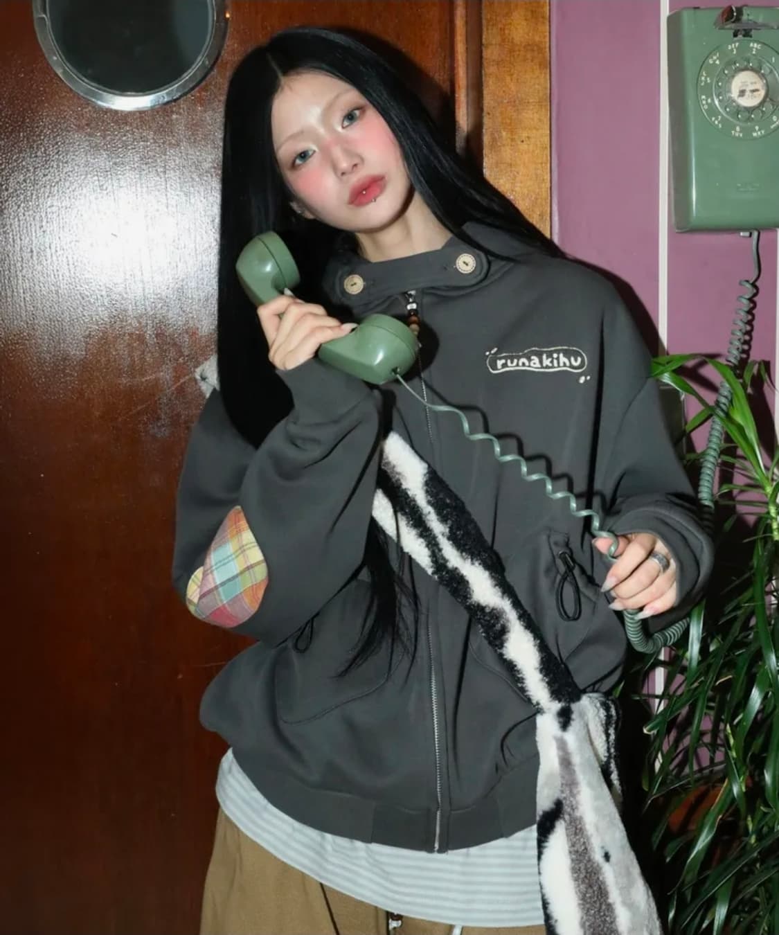 루나키후 체크 배색 후드집업 상품이미지1