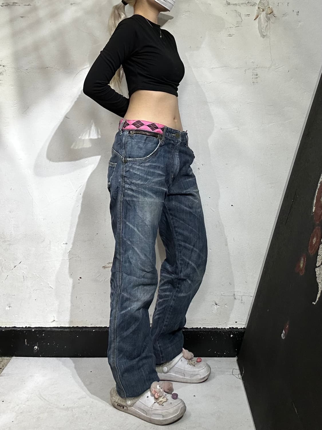 90s 일본 빈티지 나바호 체크 캣 워싱 와이드 데님 워크 팬츠 청바지  상품이미지1