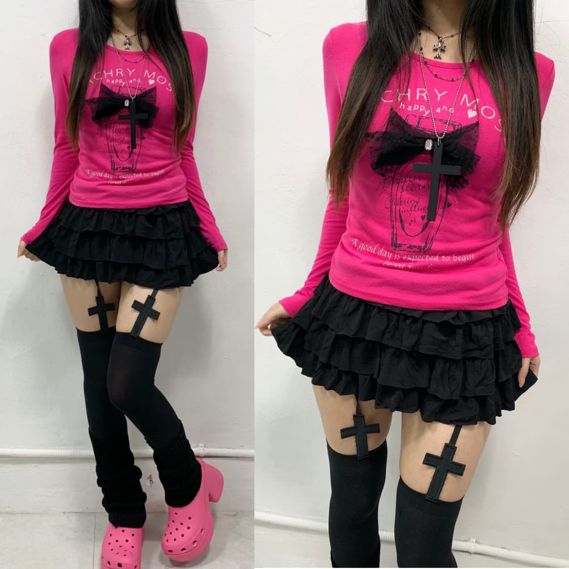 [SOSPITO] 갸루 도트 리본 핑크 롱슬리브 상품이미지1