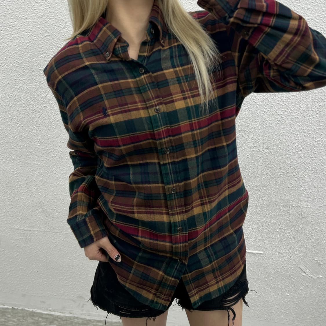 폴로 랄프로렌 네이비포니 브라운 타탄체크 울 셔츠 S 상품이미지1