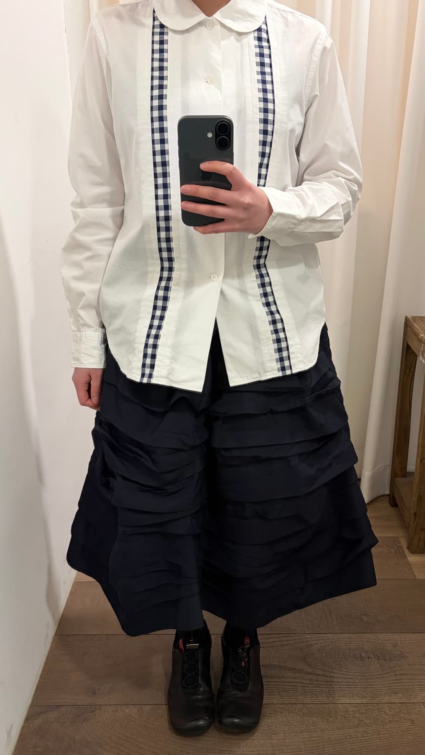 Gingham Check Fabric Block Blouse 상품이미지2