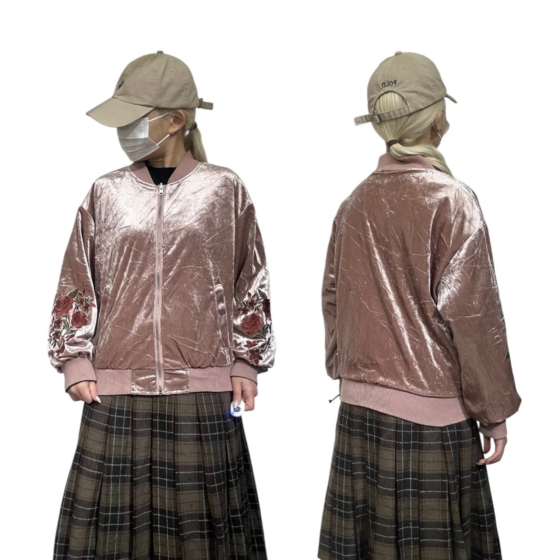 일본 빈티지 핑크 벨벳 자수 스카잔 자켓 상품이미지1