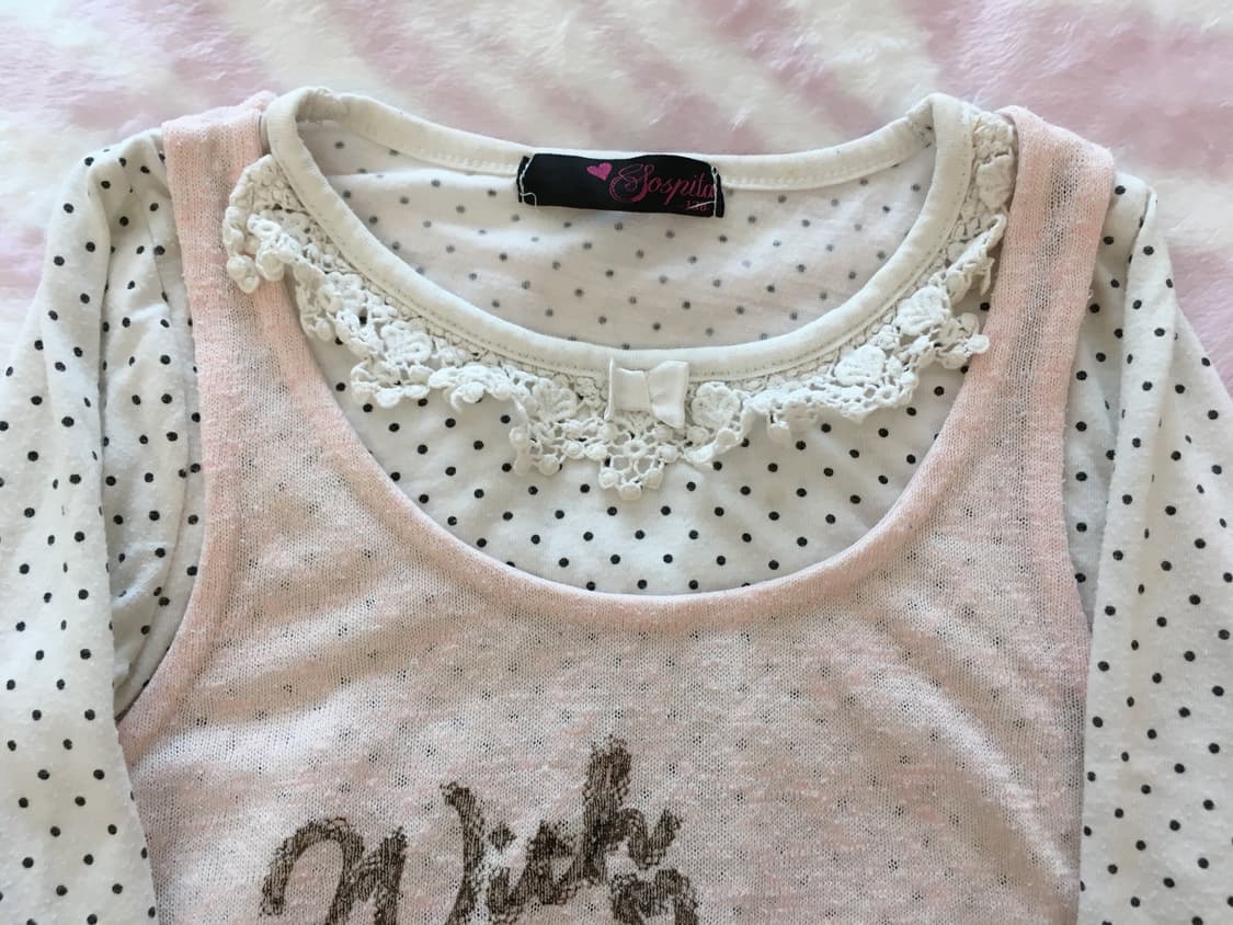 코지 베어 레터링 레이어드 도트 탑 라떼갸루 히메갸루 모리걸 로리타 상품이미지4