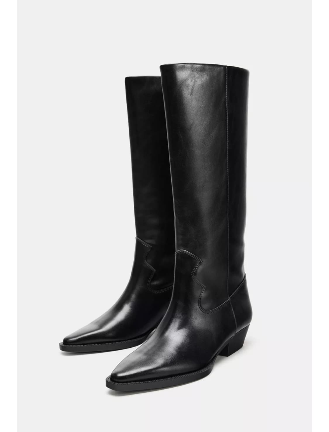 Zara 자라 블랙 포인티드 토 롱 카우보이 플랫 웨스턴 부츠 상품이미지4