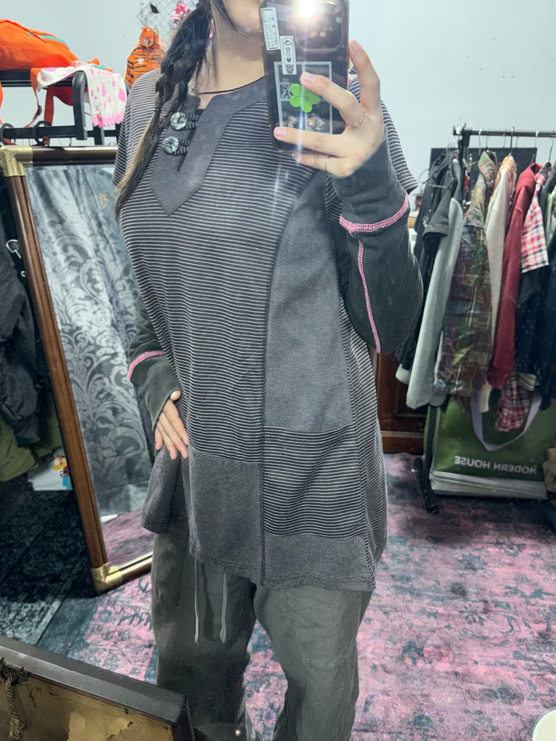 레드 브라운 스트라이프 버클 롱티 상품이미지6