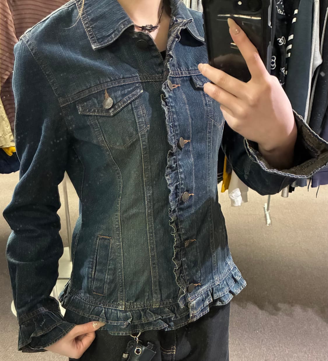 M)재패니즈 빈티지 여성 프릴 디테일 중청 데님자켓 상품이미지1