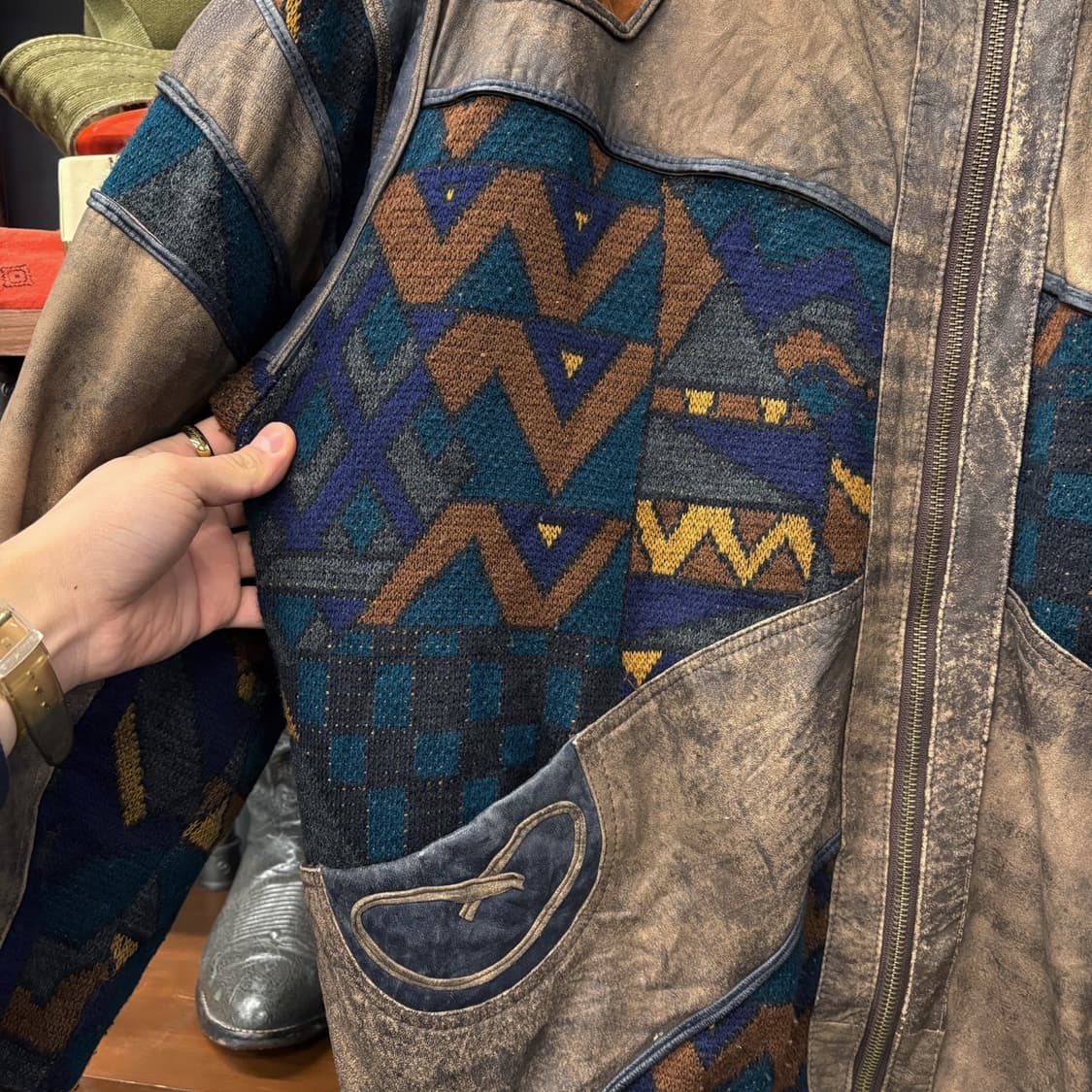 90s 하이웨이 레더 에스닉 패턴 케이블 패치 소가죽 봄버자켓 N583 상품이미지5